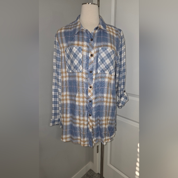 Maurices Blue Tan Plaid Button Down XL Shirt Soft Brushed Flannel * Flaw NWT - Picture 1 of 16